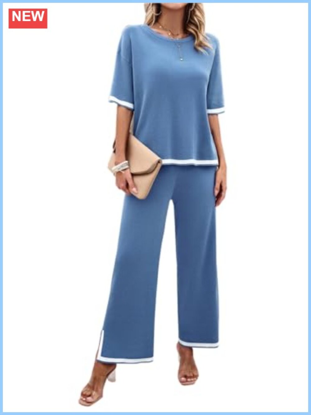 Womens 2 Piece Lounge Set Short Sleeve Knit Pullover Wide Leg Pants Tracksuit